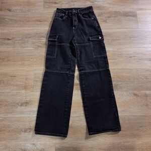 SHEIN Black Stylish Cargo Denim Jeans White Stitch Stonewashed Women's Size XS